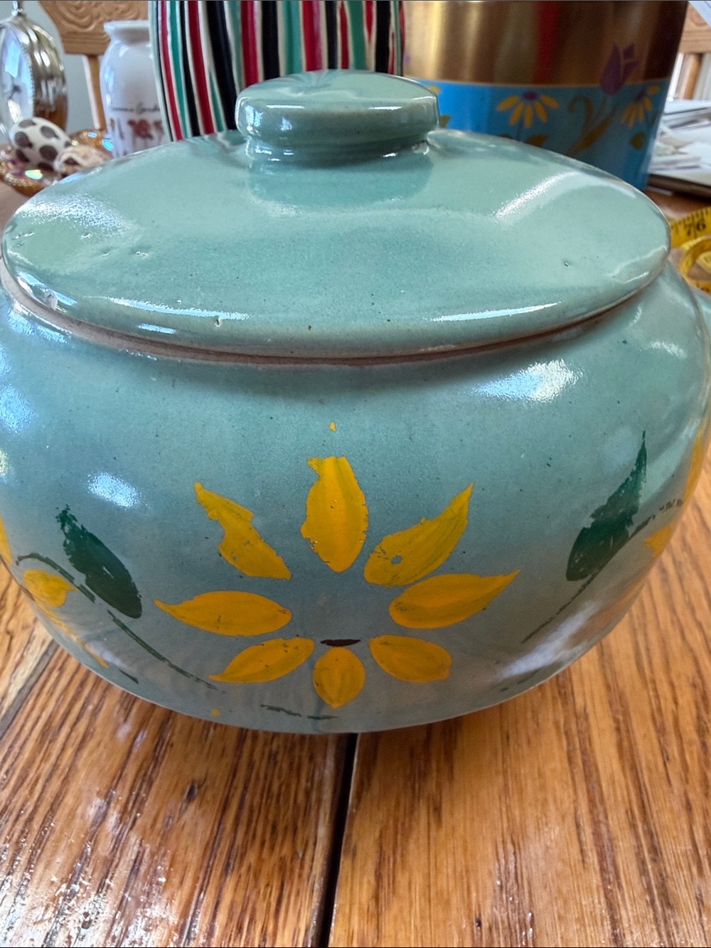 Rare Vintage Harper J Ransburg turquoise lidded cookie jar. Yellow floral.